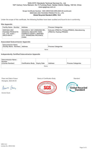 China WEIFANG UNO PACKING PRODUCTS CO.,LTD zertifizierungen